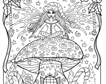 Fairy Christmas Coloring Page Adult color fairy house digital color