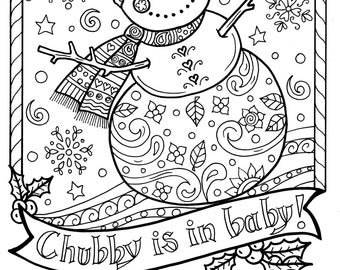 Snowman Coloring page Chubby Christmas Adult Color Holidays Instant Dowmload
