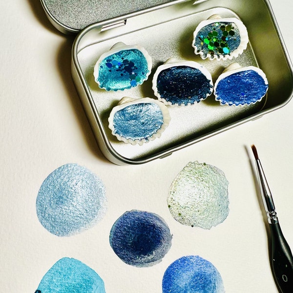 She Sells Sea Shells set, Metallics and Glitter Sea Shell Watercolor paints. 5 handmade watercolors in shells in a metal case.