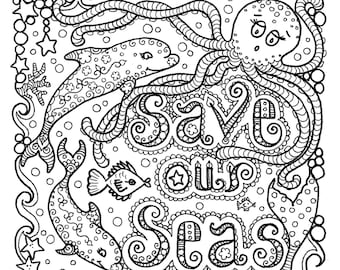 Save our Seas Digital Coloring page/dolphin/octopuss/whale/beach/mermaid/adult coloring