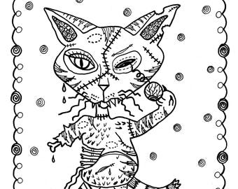 5 Pages Fantasy Cats Instant Downloads Scarry Halloween Coloring Adult Zombie Cat