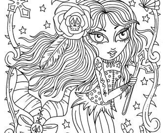 5 Pages Gothic Mermaids Digital Coloring Pages set of 5, digi stamps, digital coloring book Gothic Mermaids, cardmaking, crafts
