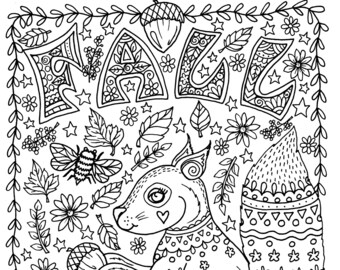 FALL Coloring Page Instant Download Squirrel With Acorns Leaves Adult Pages Digital Digi Books