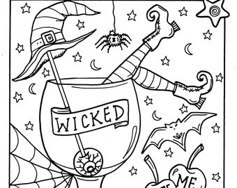 Witchy drunken halloween fun digital download, instant printable, halloween printables, fun adult coloring