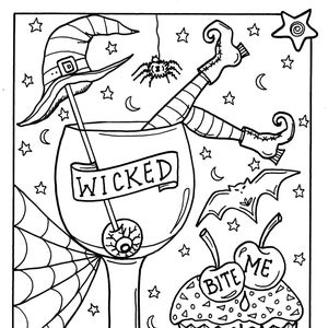 Puede incluir: Una ilustración en blanco y negro de una copa de cóctel con temática de Halloween con una pierna y una bota de bruja que sobresalen de la parte superior. La copa está llena de una bebida y tiene la palabra "WICKED" escrita en ella. Hay un cupcake con las palabras "BITE ME" en él y una araña en una telaraña en el fondo.