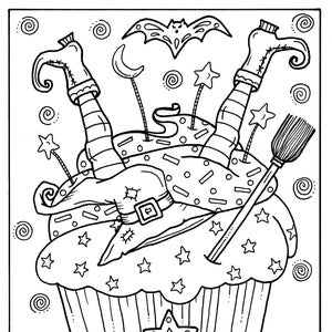 5 Pages Halloween Cupcakes to Color Instant Download, digital art, digi stamp, adult coloring, color pages, spooky, witch, coloring book image 2