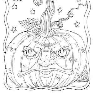 Puede incluir: Un dibujo en blanco y negro de una calabaza con una cara de enfado. La calabaza tiene un tallo largo con hojas y está rodeada de estrellas.