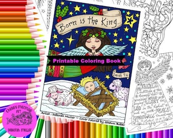 Könnte beinhalten: Ein druckbares Malbuch mit einer Weihnachtskrippe mit einem Engel, einem Baby in einer Krippe und zwei Schafen. Der Titel des Buches lautet "Born is the King..." und der Text "Isaiah 9:6" ist enthalten. Das Cover ist von Shawn Bobar koloriert.