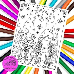 Gnome Love Printable coloring page, digital, gnomes, woodland, christmas coloring pages and books