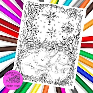 Winter Bunnies coloring page digital, printable, Christmas, woods, animals to color, rabbits, woodland, adult coloring books