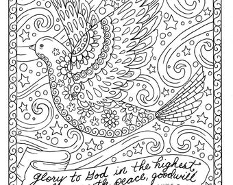 Christmas Coloring Page Dove Christian Scripture Adult Digi Stamp Book