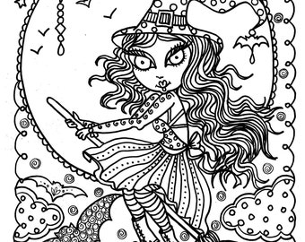 Cute Witch Halloween Coloring Page Fun Instant Download Immediately Color Away Fall Digi Stamp Cat Moon