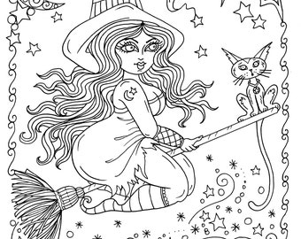 Instant Download Chubby Flying Witch Halloween Coloring Page Adult Color Spooky Cute Digital Digi Stamp Fall Cat
