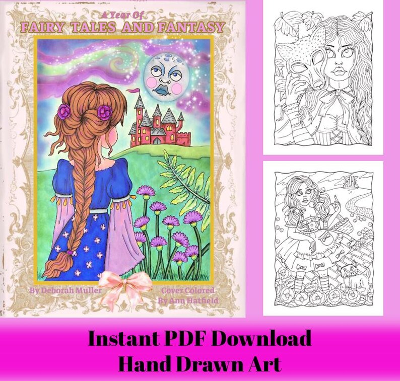 A Year of Fairy Tales and Fantasy PDF Coloring Book. Beautiful Hand-drawn art. No AI image 2