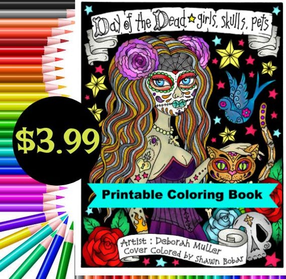 DIGITAL Book Day of the Dead girls, skulls and pets, coloring pages, color book, digi, adult coloring