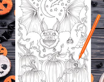 Cute little bat coloring page. Halloween coloring fun. PDF pages, instant downloads, fall coloring, moon, bats.