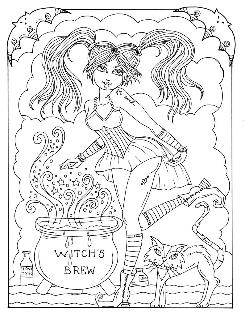 5 pages sexy witches to color instant download halloween fun adult coloring color book digital digi stamp