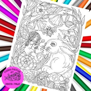 Fairy and Bunny Instant Download Coloring, printable page, spring fairies, fantasy art, Coloring page fun