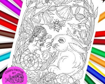 Fairy and Bunny Instant Download Coloring, printable page, spring fairies, fantasy art, Coloring page fun