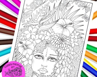 Tahiti Fairy Digital Coloring page, Instant download, fairies, pixies, fantasy coloring pages