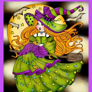 May include: A witch with long orange hair flies on a broomstick in front of a full moon. She wears a green and purple dress with a purple cape, a green and purple hat with a black and white polka dot pattern, and a green and purple beaded necklace. The background is yellow with stars and crescent moons.