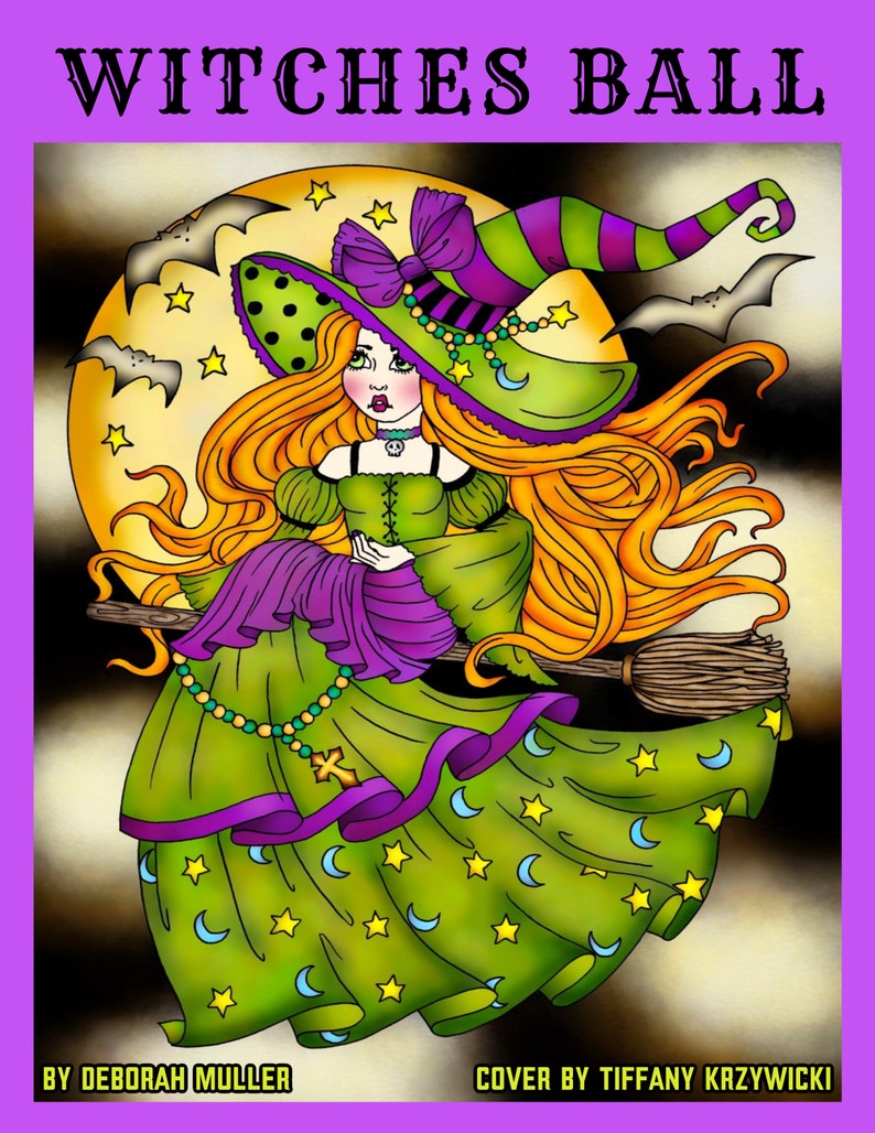 May include: A witch with long orange hair flies on a broomstick in front of a full moon. She wears a green and purple dress with a purple cape, a green and purple hat with a black and white polka dot pattern, and a green and purple beaded necklace. The background is yellow with stars and crescent moons.