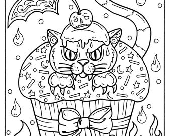 5 Pages Halloween Cupcakes to Color Instant Download, digital art, digi stamp, adult coloring, color pages, spooky, witch, coloring book