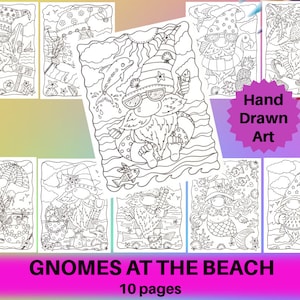 GNOMES at the BEACH Summer coloring 10 pages. Fun gnomes, playful gnomes coloring pages.
