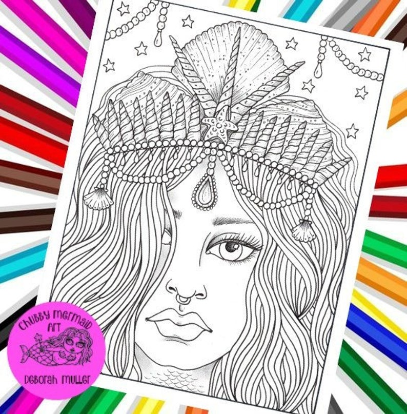 Mermaid Girl with Crown digital coloringadult coloring | Etsy