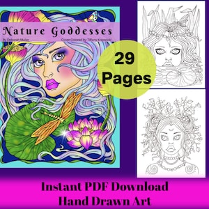 Nature Goddesses PDF Coloring book. Fun and whimsical coloring. Hand drawn. 29 Nymphs and Dryads to magically color!