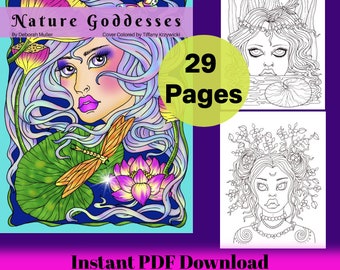 Nature Goddesses PDF Coloring book. Fun and whimsical coloring. Hand drawn. 29 Nymphs and Dryads to magically color!