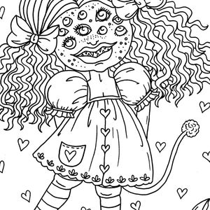 May include: A black and white line drawing of a girl with multiple eyes, a bow in her hair, and a dress with a heart-shaped pocket. She has a tail with a fluffy pom-pom at the end. The background is filled with hearts.