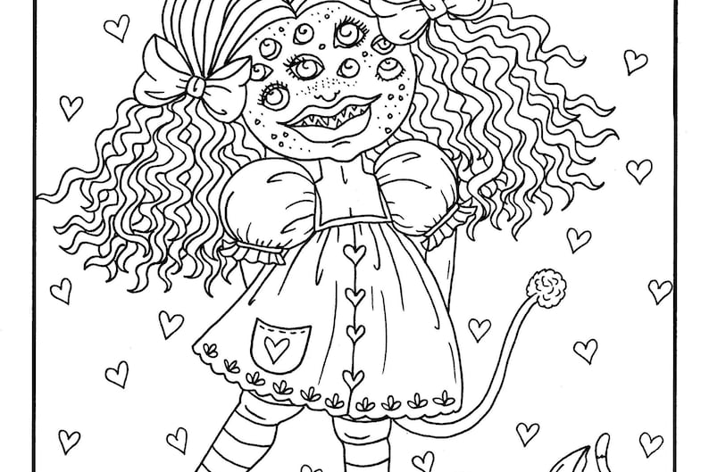 May include: A black and white line drawing of a girl with multiple eyes, a bow in her hair, and a dress with a heart-shaped pocket. She has a tail with a fluffy pom-pom at the end. The background is filled with hearts.