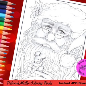 Santa and friend adult coloring page. Christmas coloring. Holiday color pages. Greyscale coloring.