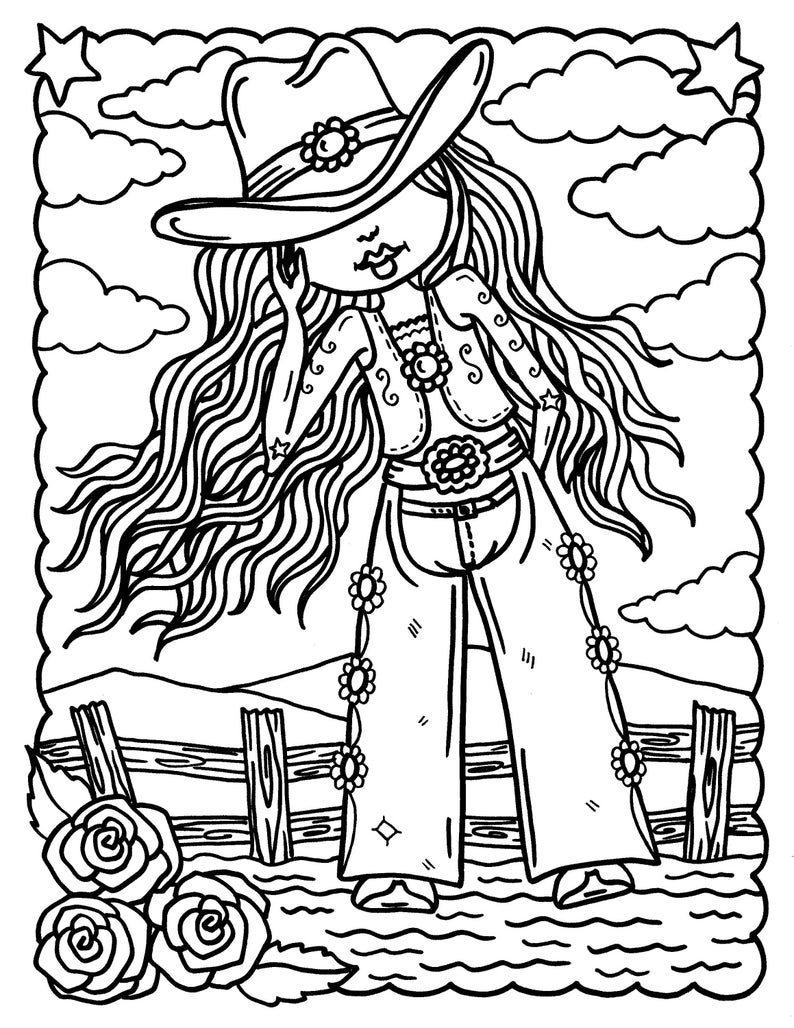 5 Cowgirl Digital Download Coloring pages, Digi Stamps, western girls, cardmaking, stamping, from Cowgirls and Indians Coloring Book image 4