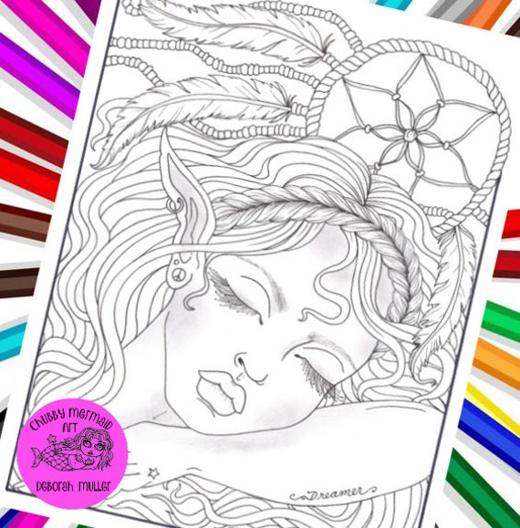 Dreamcatcher Elf coloring page is just too sweet! This dreaming little elf is a printable page, digital. JPG. Grayscale Fairies to color.