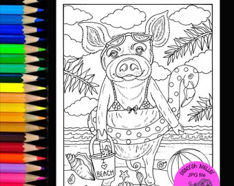Bacon at the beach. Digital coloring page of a whimsical pig enjoying her time at the beach. Adult coloring, summer coloring fun.
