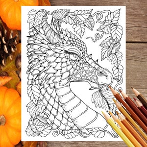 Fall Dragon digital file. Fall coloring fun! Adult coloring.