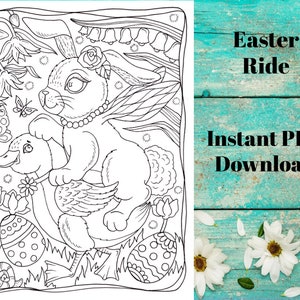 EASTER RIDE coloring page. Instant download. Digital art, Easter coloring pages. Adult coloring. Cute animals of spring