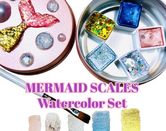 MERMAID SCALES 5 half pan set of Mica Watercolor paints.  Handmade watercolors with a cute case. Professional watercolors.