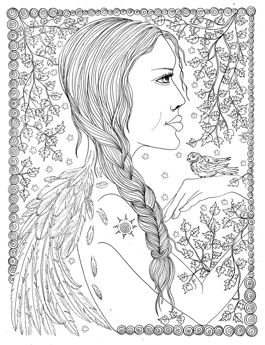 DIY COLORING Page - Instant PDF Digital Download - Printable Coloring Page  - Angels Dance - Angel Flowers Butterflies - Adults - Children