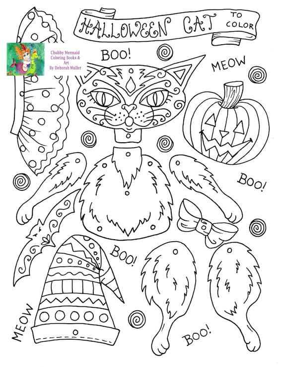 Instant Download Halloween Cat Paper Doll To Color And Etsy