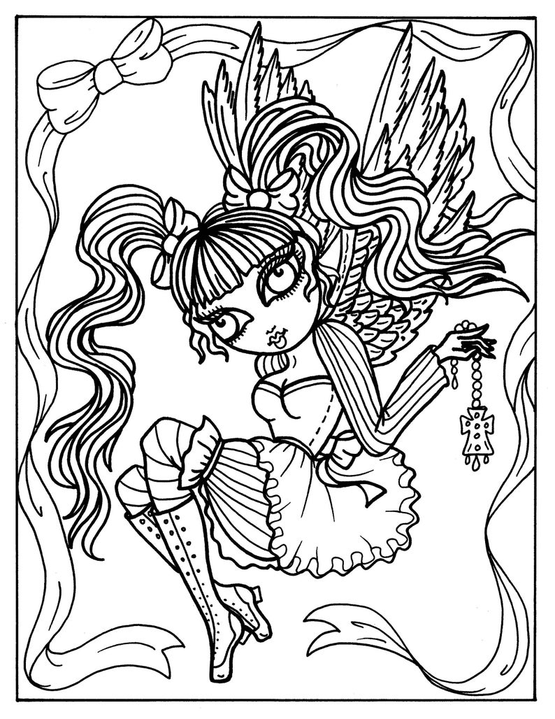 5 Pages Gothic Angels Digital Downloads Coloring Pages, Gothic, Angel, digi stamps, digi stamping, cardmaking, crafting, clip art image 3