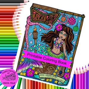 May include: A printable coloring book featuring a mermaid with long flowing hair, a colorful tail, and a tiki bar sign. The mermaid is holding a ukulele and is surrounded by tropical flowers and bubbles. The text "Mermaid Tails from the Tiki Bar" is at the top of the page. The text "Printable Coloring Book" is in a pink banner at the bottom of the page.