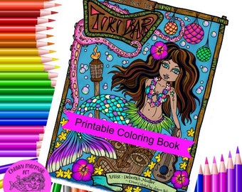 Descarga instantánea Colas del Tiki Bar, Páginas digitales para colorear, libros para colorear, colorear para adultos, Sirenas, Hawái