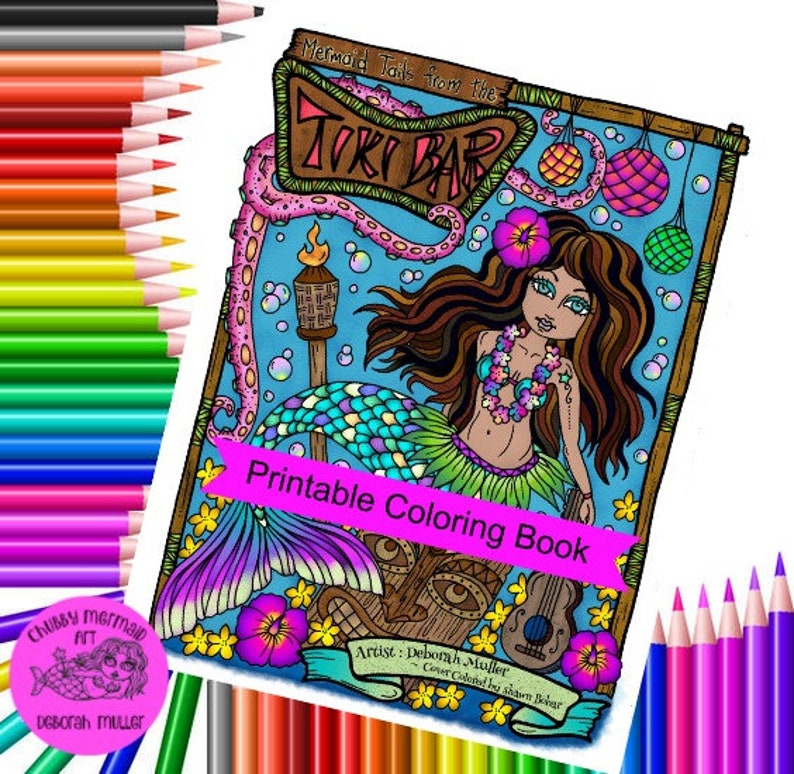 May include: A printable coloring book featuring a mermaid with long flowing hair, a colorful tail, and a tiki bar sign. The mermaid is holding a ukulele and is surrounded by tropical flowers and bubbles. The text "Mermaid Tails from the Tiki Bar" is at the top of the page. The text "Printable Coloring Book" is in a pink banner at the bottom of the page.