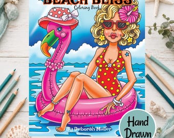 BEACH BLISS pdf Coloring Book. Beach Babes, Hand-drawn art.  No AI