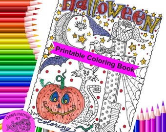 Halloween Digital Coloring Book, adult coloring, color pages, coloring, witch, goblin, bats, fall, scary creatures