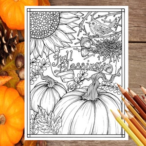 Download Fall Blessings Instant digital Coloring page Autumn, sunflower, pumpkin, digi stamp, clip art