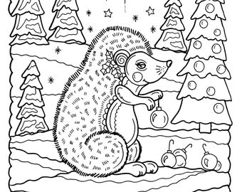 5 Pages of Christmas Coloring pages, fun and whimsical Animals, Adult color pages, digital, digi Hedge hog, dog, cat, frog
